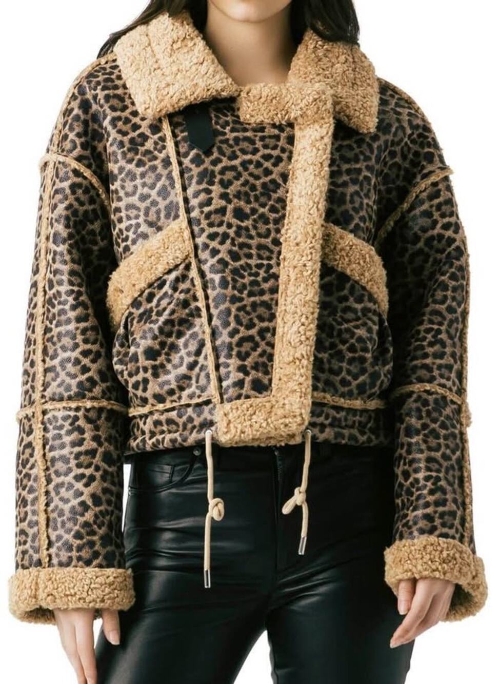 BLANKNYC Leopard Faux Shearling Moto Jacket XS Cropped Sherpa $168